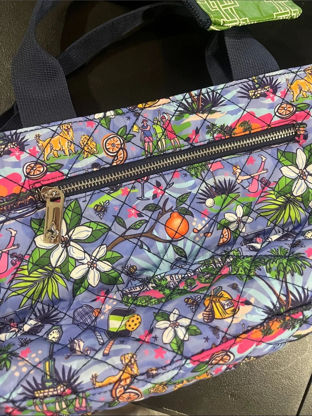 Katherine Way Quilted Tropical Print Insulated Tote with coin pouch Blue & Green